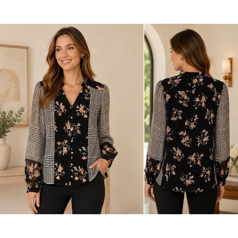 Calvin Klein Women’s Medium Floral Houndstooth Sheer Blouse Black Button Top